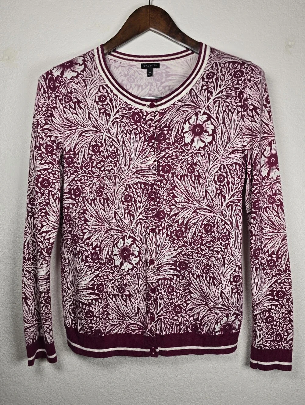 Talbots Floral Cardigan Twin Set Size M Magenta Pink Cotton Blend 2 Piece